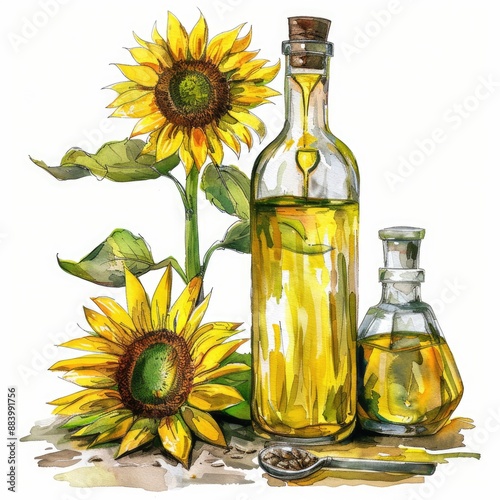 Hand Drawn Watercolor Sunflower Oil Bottle and Glasses on Rustic White Background