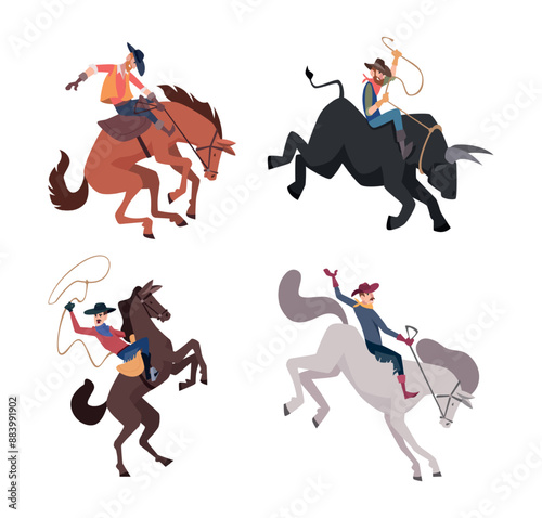 Rodeo. Cowboy bull or horse rider wild retro game exact vector cartoon rodeo concept illustrations set