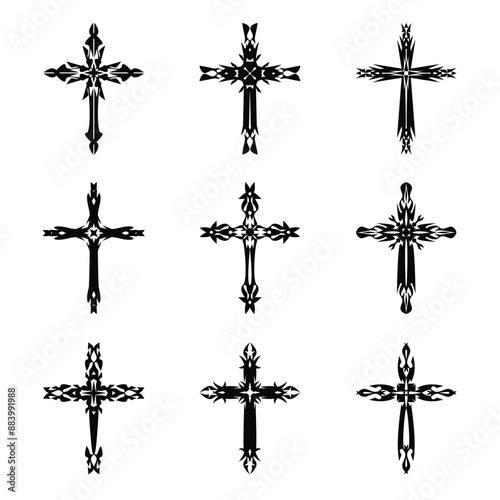 Christian cross vector icon symbols.  Abstract christian religious belief or faith art illustration for orthodox or catholic design. The symbol of the cross in various designs used in tattoo.	