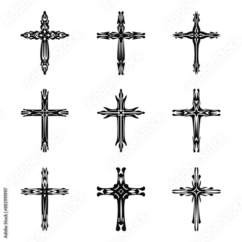 Christian cross vector icon symbols.  Abstract christian religious belief or faith art illustration for orthodox or catholic design. The symbol of the cross in various designs used in tattoo.	