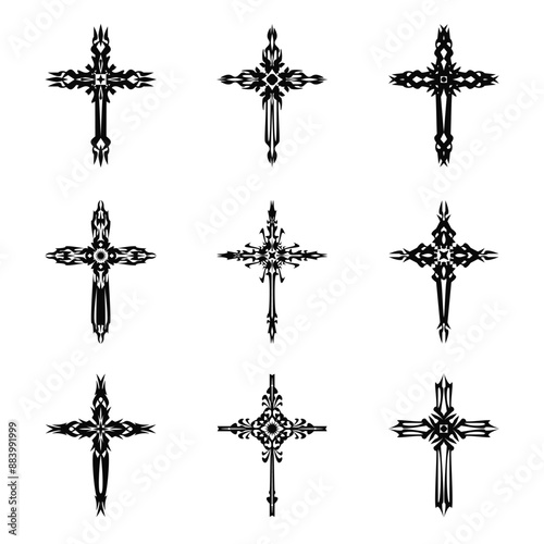 Christian cross vector icon symbols.  Abstract christian religious belief or faith art illustration for orthodox or catholic design. The symbol of the cross in various designs used in tattoo.	