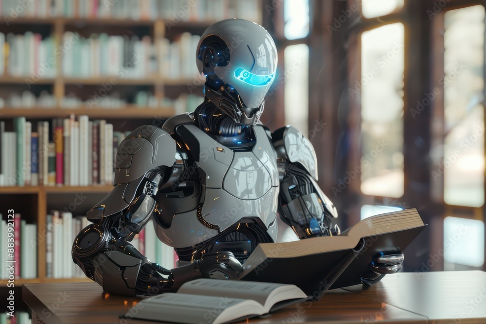 Humanoid AI robot reading against a fuzzy background in a library Humanoid AI robot reading against a fuzzy background in a library