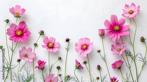 Beautiful flowers composition. Pink cosmos flowers on white background. Flat lay, top view, copy space