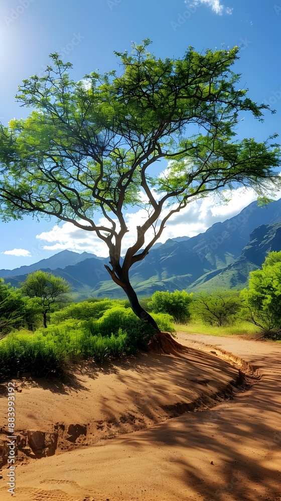 Flourishing Chinaberry Tree on Winding Dirt Road in Scenic Mountain Landscape