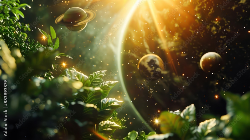 A scene of God creating the world, with planets, stars and plants appearing in a burst of light. Perfect for content about the Book of Genesis and the origins of the world. A scene of God creating the world, with planets, stars and plants appearing in a burst of light. Perfect for content about the Book of Genesis and the origins of the world.