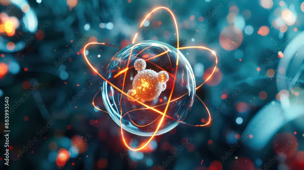 A schematic model of an atom with a nucleus in the center and electrons ...