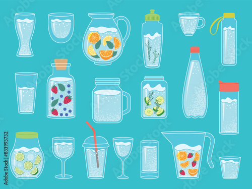 Water cup. Cans bottles with detox drinks decanter with liquids recent vector water