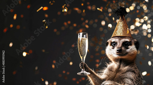 Happy Birthday, carnival, New Year's eve, sylvester, christmas, celebration - Cute animal, funny meerkat with party hat and champagne glass, isolated on black background with confetti, greeting card