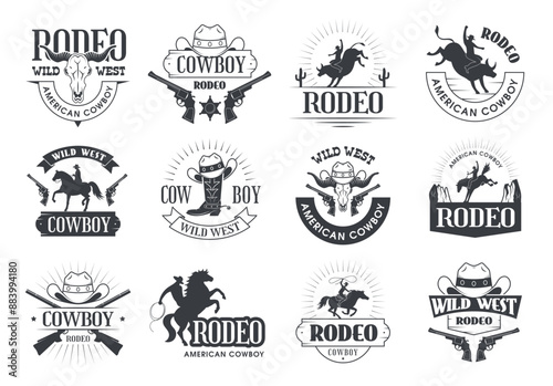 Cowboy labels. Man with lasso riding on bull recent vector rodeo games template