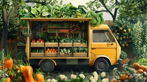 An old antique car with pumpkin and flower display located at anorganic fruit stand in Keremeos, British Columbia, Canada. Thanksgiving and Halloween autumn harvest. photo