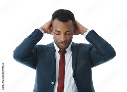 Business man, headache and fear in studio for risk, debt and investment fail or mistake on white background. Trader, sad and stress for bankruptcy, news and financial crisis as phishing scam disaster