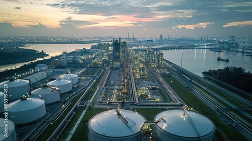 A huge LNG industrial complex that showcases modern energy infrastructure designed to store liquefied natural gas at low temperatures