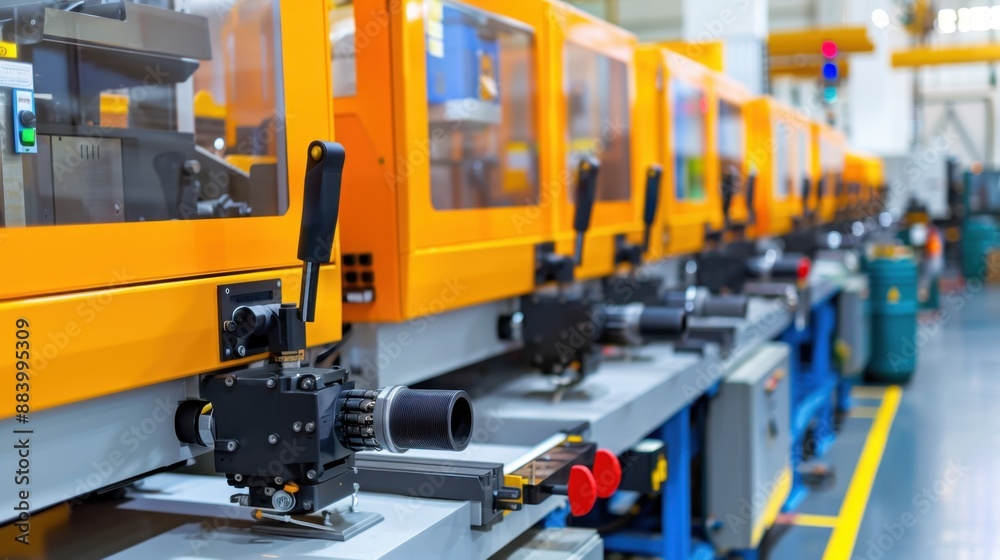 A factory with many orange machines and a blue machine A factory with many orange machines and a blue machine