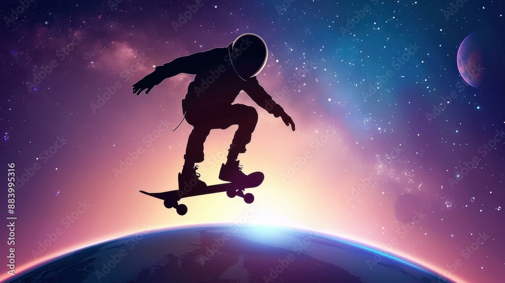 Naklejka premium Vector illustration of a skateboarder astronaut performing tricks in outer space with Earth and Mars in the background.