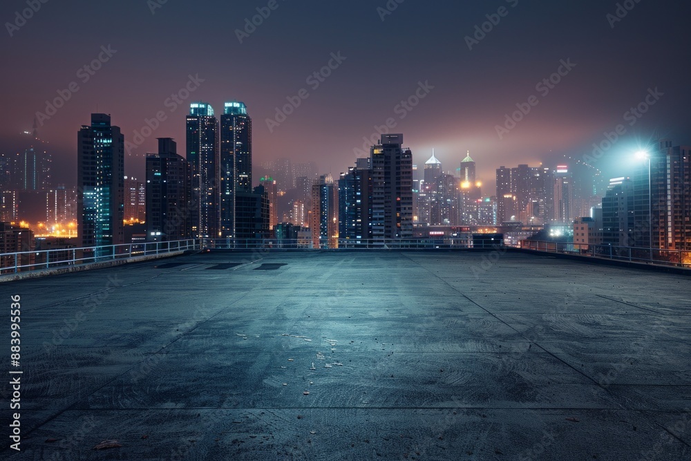 An empty concrete rooftop, with skyscrapers in the background, lights on at night, clean and pleasent looking image 