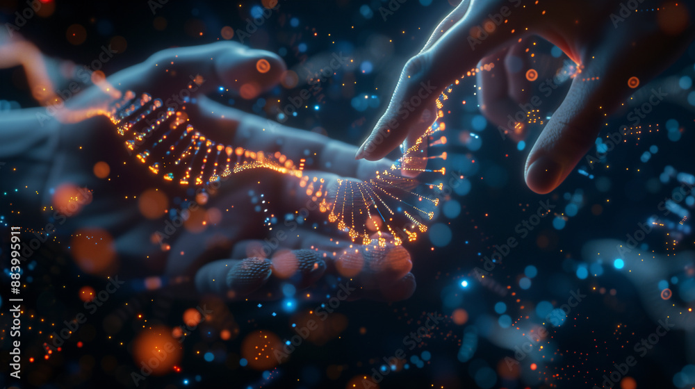 Abstract luminous DNA molecule. Hand of doctor touching and cut dna for checking with analysis chromosome DNA genetic of human on virtual interface. 