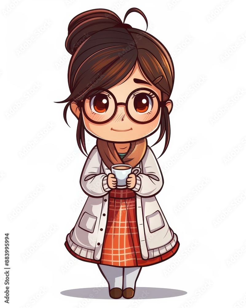 Cheerful cartoon chibi librarian in her 3s in a cardigan and plaid skirt, sipping coffee against a white backdrop. Cheerful cartoon chibi librarian in her 3s in a cardigan and plaid skirt, sipping coffee against a white backdrop.