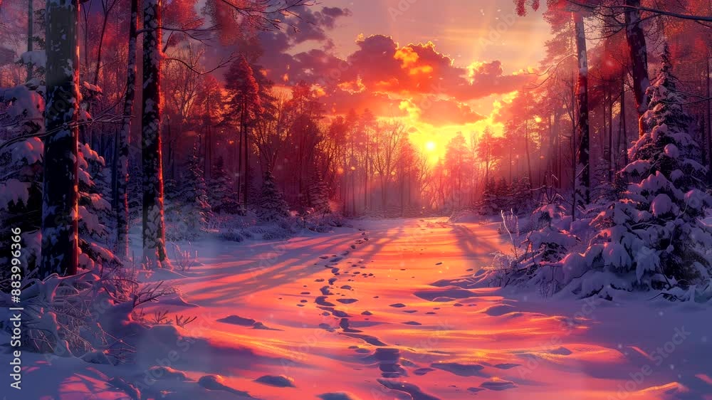 Snowy forest path with a warm sunset glow illuminating the snow-covered ground. Winter sunset serenity concept Snowy forest path with a warm sunset glow illuminating the snow-covered ground. Winter sunset serenity concept