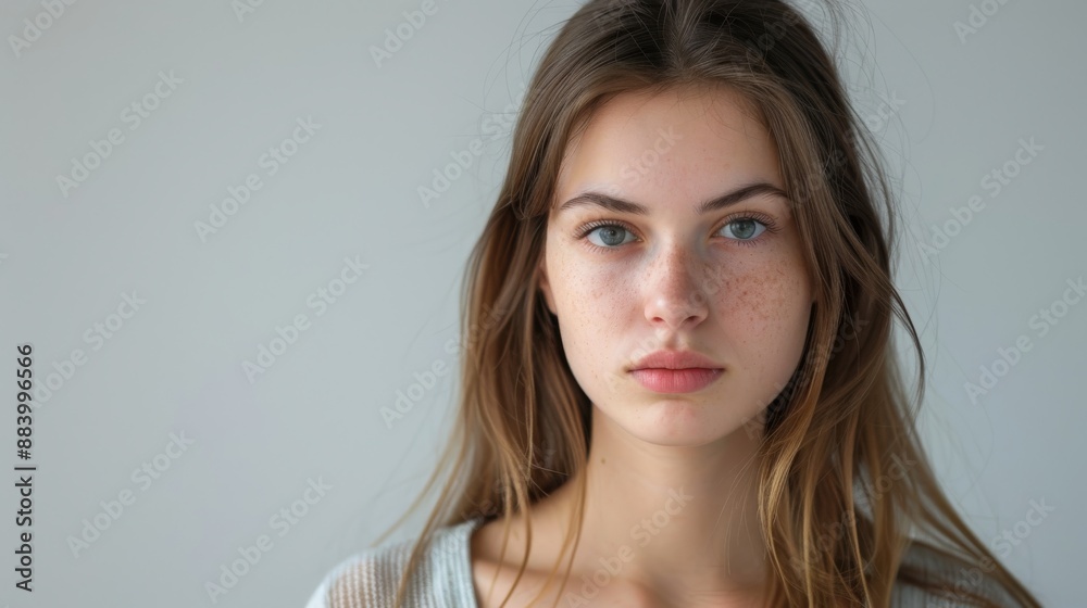 Portrait of a young woman with freckles and light brown hair Portrait of a young woman with freckles and light brown hair