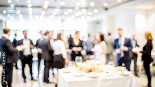 Corporate Event Blur - Blurred background of a corporate event or networking function with professionals and refreshments.
