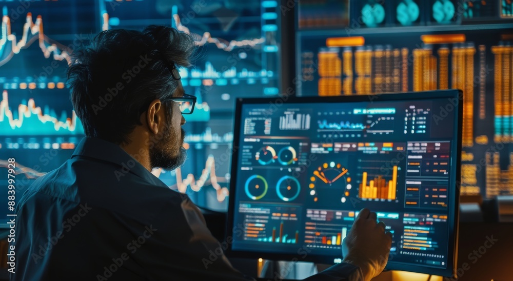 financial trader sitting at his desk, surrounded by multiple computer screens displaying stock market charts and graphs showing an upward trend in sales data financial trader sitting at his desk, surrounded by multiple computer screens displaying stock market charts and graphs showing an upward trend in sales data