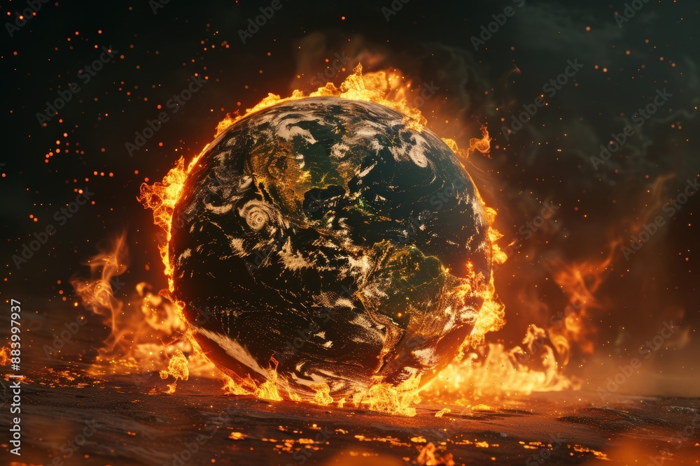 An evocative illustration depicting Planet Earth engulfed in flames, symbolizing the urgent issues of global warming and climate change An evocative illustration depicting Planet Earth engulfed in flames, symbolizing the urgent issues of global warming and climate change