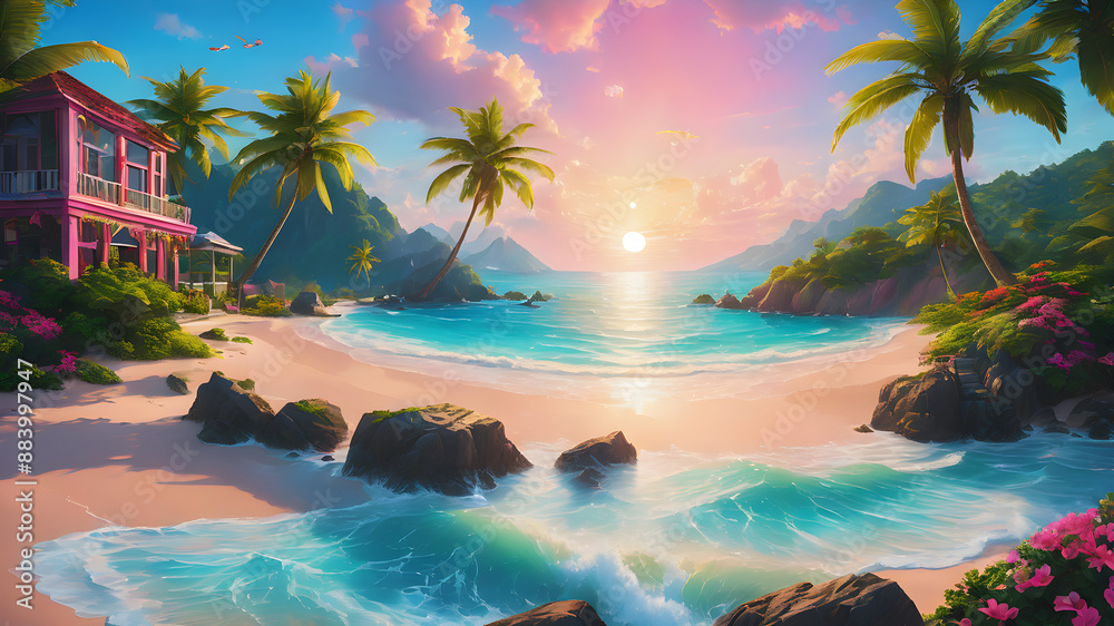 Fototapeta premium Sunny beach during summer sunset or sunrise glow over the island, palm trees and coconuts natural beauty relaxing vacation