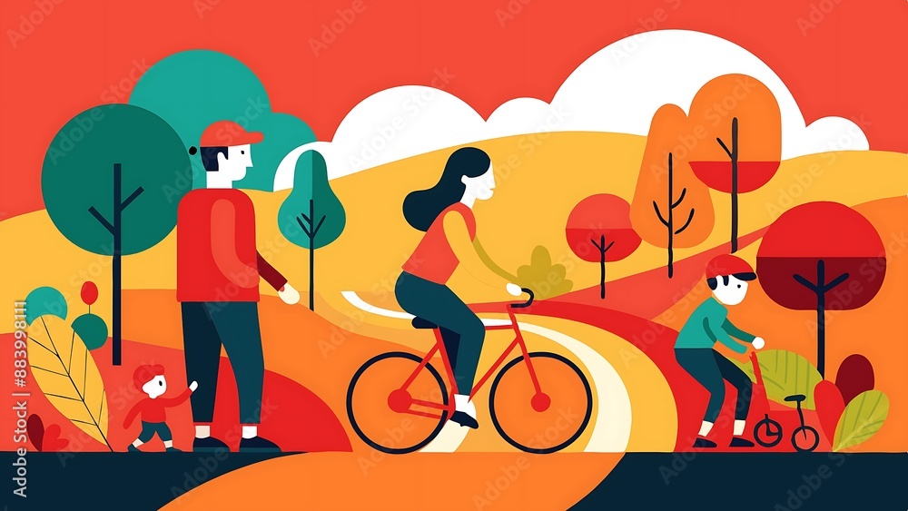 Fototapeta premium a family of three biking through a park in a flat illustration, color block style.
