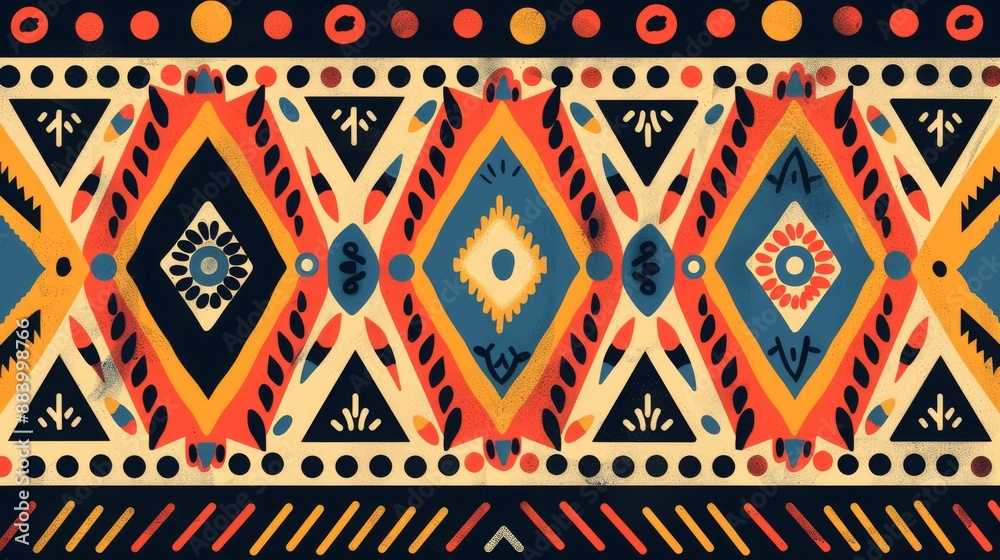 Vibrant Hand-Painted Ethnic Tribal Seamless Pattern with Geometric Shapes and Floral Elements Vibrant Hand-Painted Ethnic Tribal Seamless Pattern with Geometric Shapes and Floral Elements