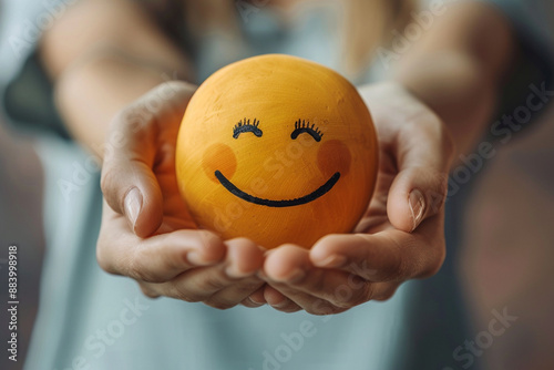 A smiling woman holds a happy face in her hand, symbolizing positive thinking and mental health awareness. This concept promotes the importance of mental health and World Mental Health Day.