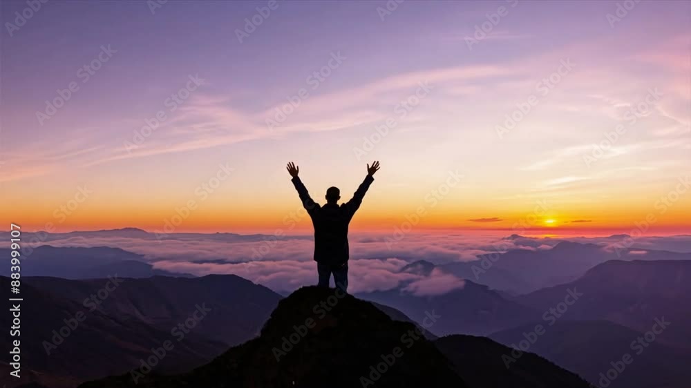 Silhouette of man standing on top of mountain with sunset, success concept Silhouette of man standing on top of mountain with sunset, success concept