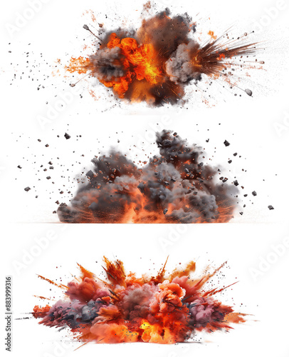 Set of 3 realistic explosion with fire and smoke and sparks on white background. Wide angle view of an intense bomb. transparency background