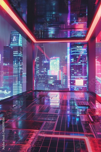 An empty stage in a futuristic cityscape, with a sleek metallic floor, neon lights, and towering skyscrapers visible through large windows. photo