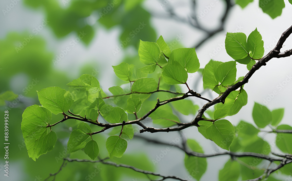 Green leaves on the summer forest, green trees summer view, hiking in the forest, sunny day.