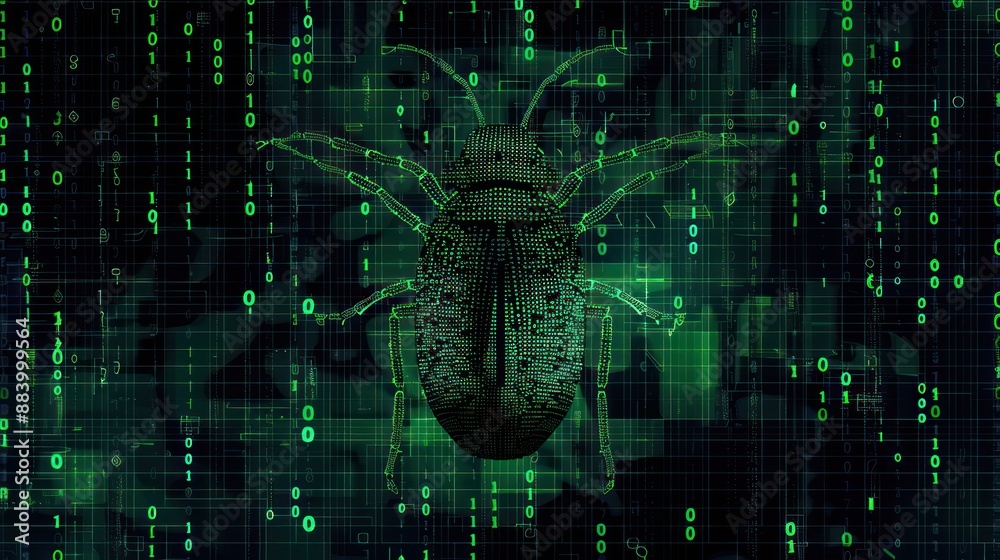 Digital Bug on Green Code Background. Digital Bug on Green Code Background.