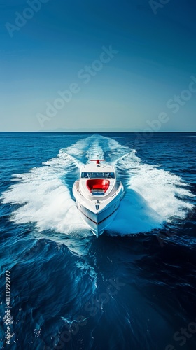 A white and red speedboat is running on the blue sea