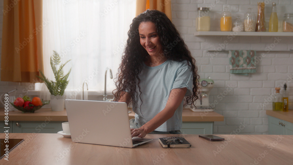 Happy smiling Caucasian lady Hispanic woman girl female freelancer businesswoman at home kitchen typing laptop freelance work online business pensive think smile use computer study order food delivery Happy smiling Caucasian lady Hispanic woman girl female freelancer businesswoman at home kitchen typing laptop freelance work online business pensive think smile use computer study order food delivery