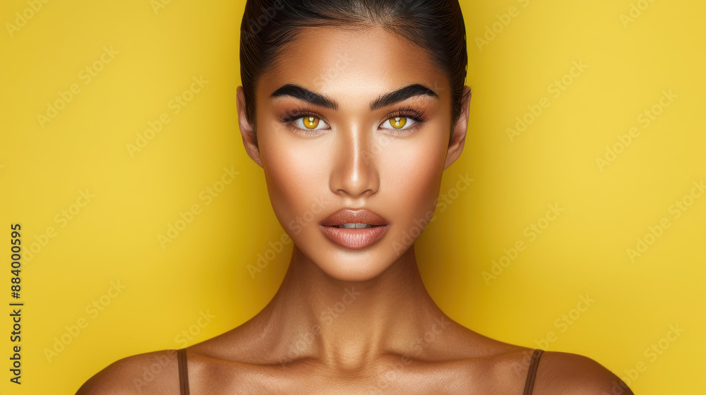 Beautiful portrait of a young Asian woman with black hair against a yellow background. Beautiful portrait of a young Asian woman with black hair against a yellow background.