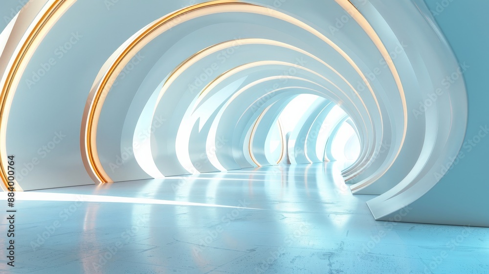 Fototapeta premium A long, white corridor with a series of arches and golden light