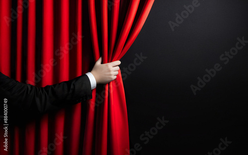 hand open red stage curtain on black background