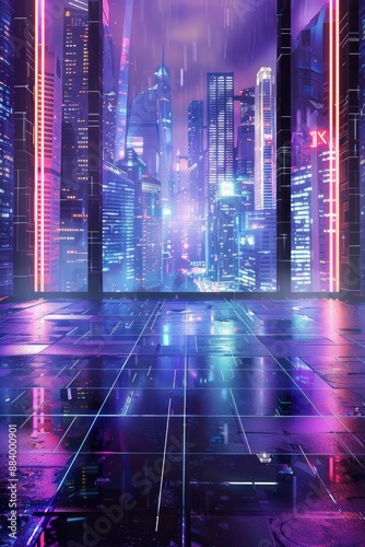 Wallpaper Mural An empty stage in a futuristic cityscape, with a sleek metallic floor, neon lights, and towering skyscrapers visible through large windows. Torontodigital.ca