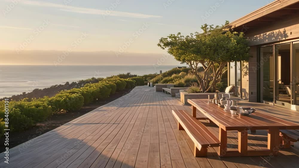 Video animation of modern beachfront house with a wooden deck and outdoor furniture, overlooking the ocean. Video animation of modern beachfront house with a wooden deck and outdoor furniture, overlooking the ocean.
