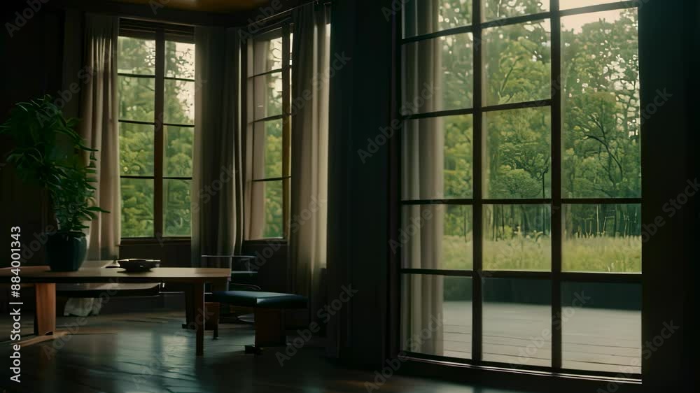 Video animation of interior view of a room with large windows that provide a view of greenery outside Video animation of interior view of a room with large windows that provide a view of greenery outside