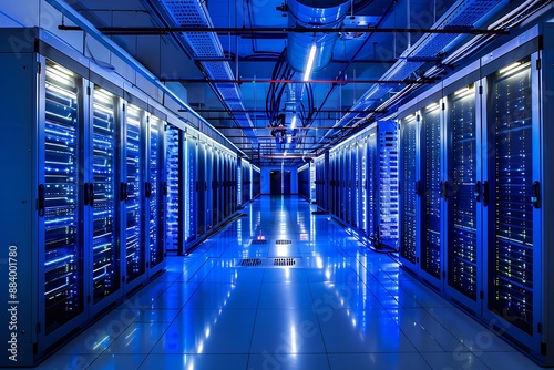 An ultra-modern data center, rows of servers with glowing lights, cooling systems, cables neatly organized, cool blue tones, subtle reflections on the t  © crescent