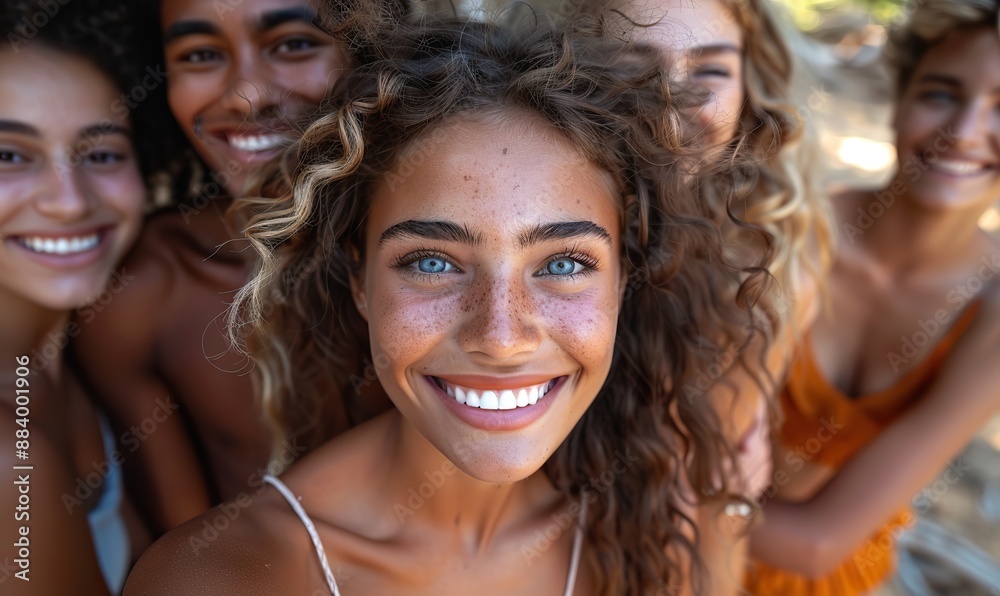 International group of young friends, both guys and girls, laugh at the camera while taking a selfie, hanging out together and enjoying each other's company. International group of young friends, both guys and girls, laugh at the camera while taking a selfie, hanging out together and enjoying each other's company.