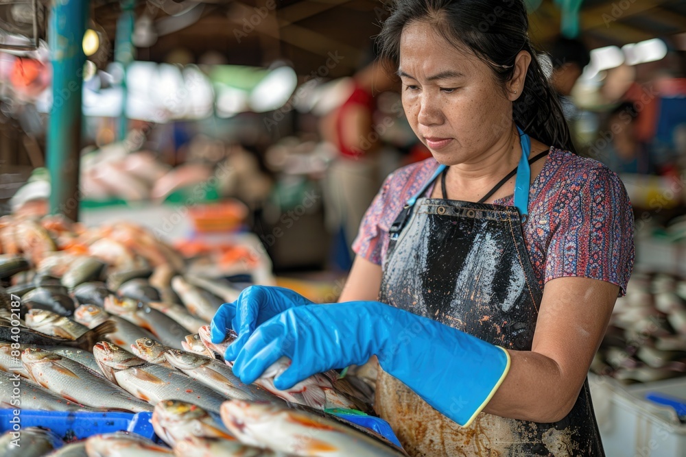 young Asian woman, seafood seller, selling fresh fish, catch of the day, busy Thai market, shop, trade, small family business young Asian woman, seafood seller, selling fresh fish, catch of the day, busy Thai market, shop, trade, small family business
