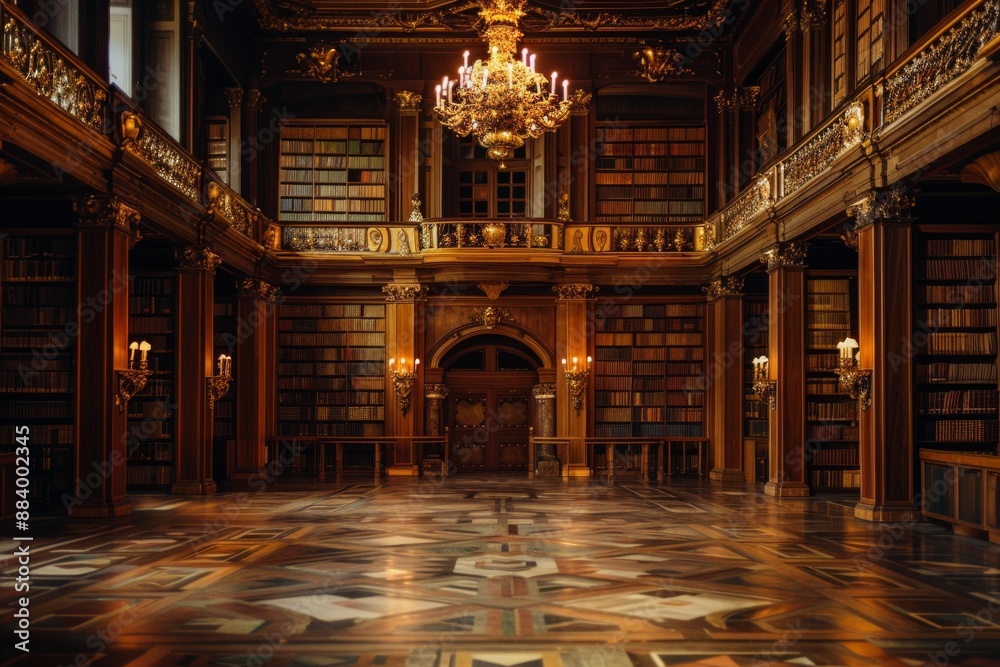 Obraz premium An empty grand library, with towering bookshelves, ancient tomes, and golden chandeliers illuminating the space. 