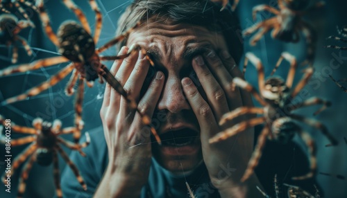 Arachnophobia is the fear of spiders. A man covers his face in fear and depression due to fears. photo