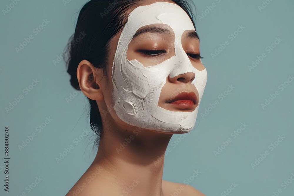 Beautiful young Asian woman with clean fresh skin applying face mask for skincare and beauty treatment on light blue background Beautiful young Asian woman with clean fresh skin applying face mask for skincare and beauty treatment on light blue background