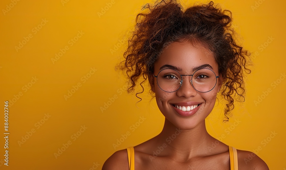 Isolated woman on a yellow background showing a blank screen mobile phone, a concept about people and technology. Isolated woman on a yellow background showing a blank screen mobile phone, a concept about people and technology.